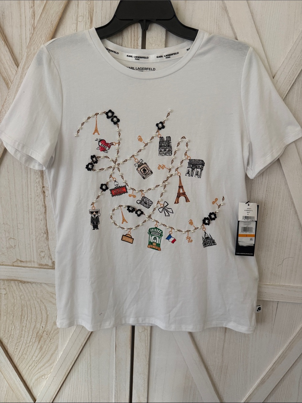 Brand New Karl Lagerfeld White Short-Sleeve Tee with Paris Charm Graphic - Picture 3 of 6